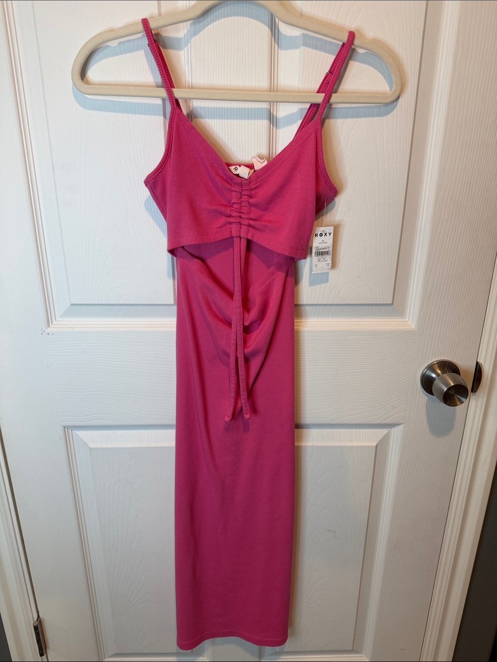 Roxy Hot Pink Ruched Spaghetti-Strap Midi Dress